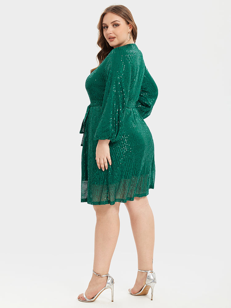 VIP V-Neck Lantern Sleeve Belted Sequin Party Dress