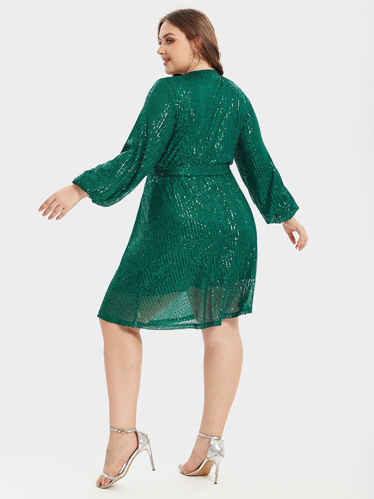 VIP V-Neck Lantern Sleeve Belted Sequin Party Dress