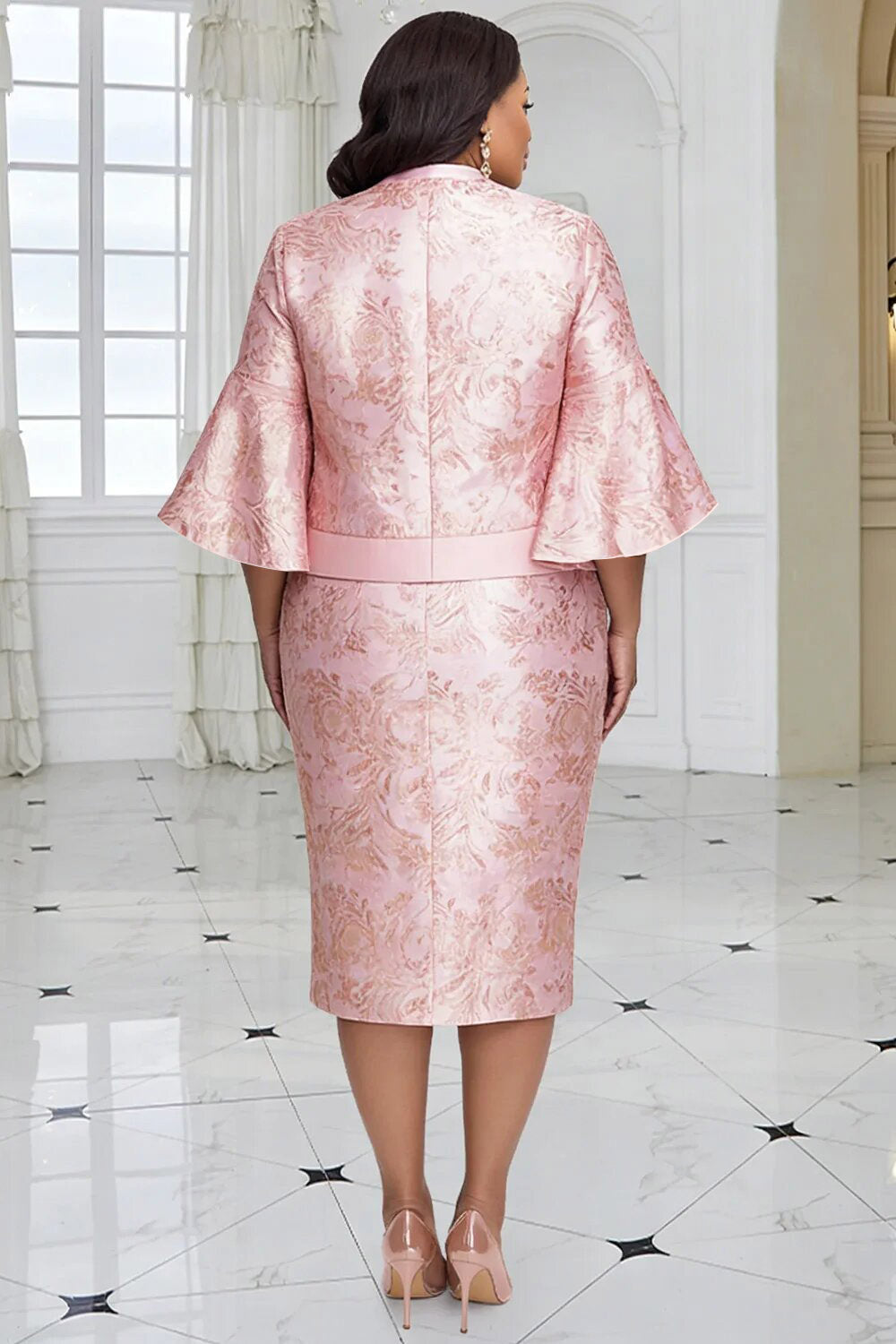 Xpluswear Design Plus Size Formal Pink Floral Flare 3/4 Sleeve Bodycon Satin Two Piece Dress Set