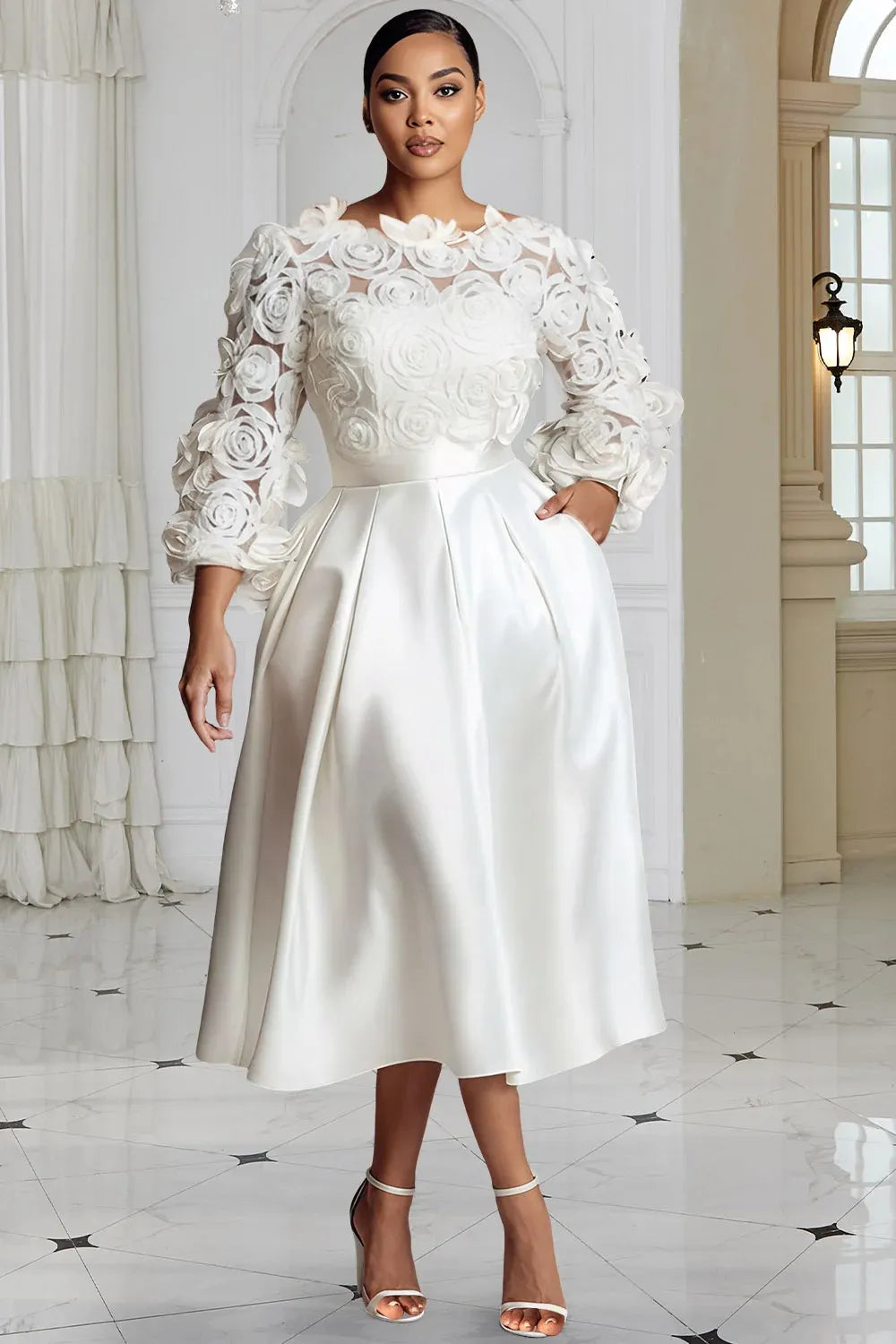 Xpluswear Design Plus Size Wedding White Round Neck 3/4 Sleeve 3D Elegant Pocket Satin Midi Dresses