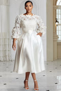 Xpluswear Design Plus Size Wedding White Round Neck 3/4 Sleeve 3D Elegant Pocket Satin Midi Dresses