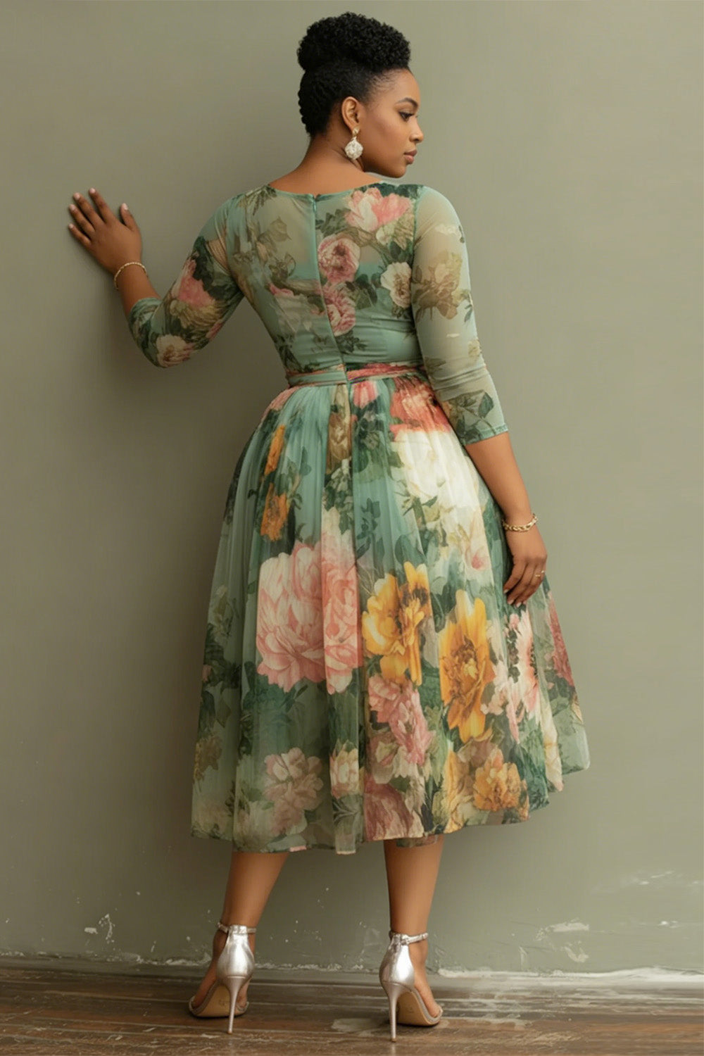 Xpluswear Design Plus Size Vacation Sage Green Floral Round Neck 3/4 Sleeve See Through Tulle Midi Dresses