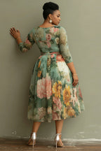 Xpluswear Design Plus Size Vacation Sage Green Floral Round Neck 3/4 Sleeve See Through Tulle Midi Dresses