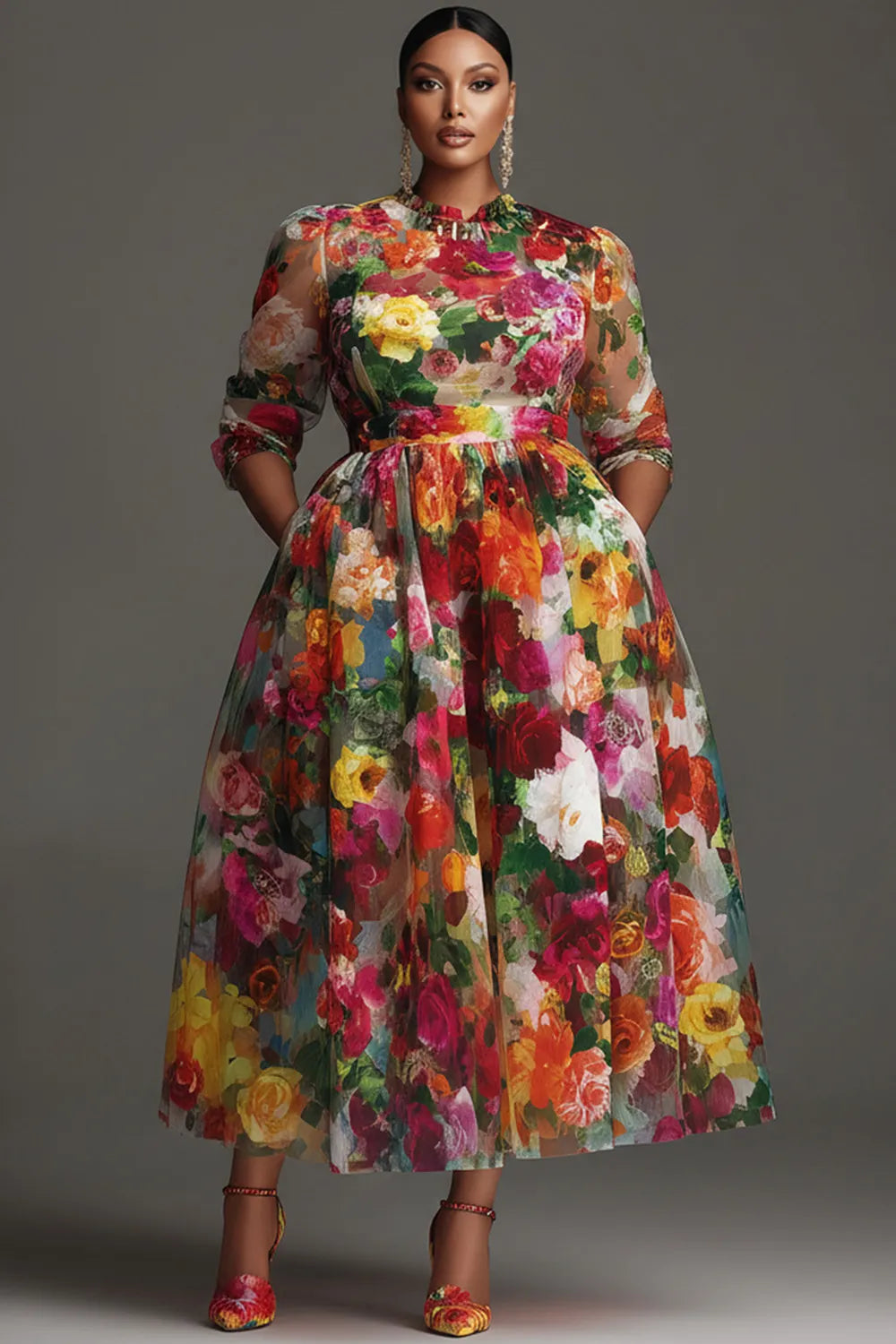 Xpluswear Design Plus Size Cocktail Party Multicolor Floral Round Neck Long Sleeve Pocket Chiffon Midi Dresses