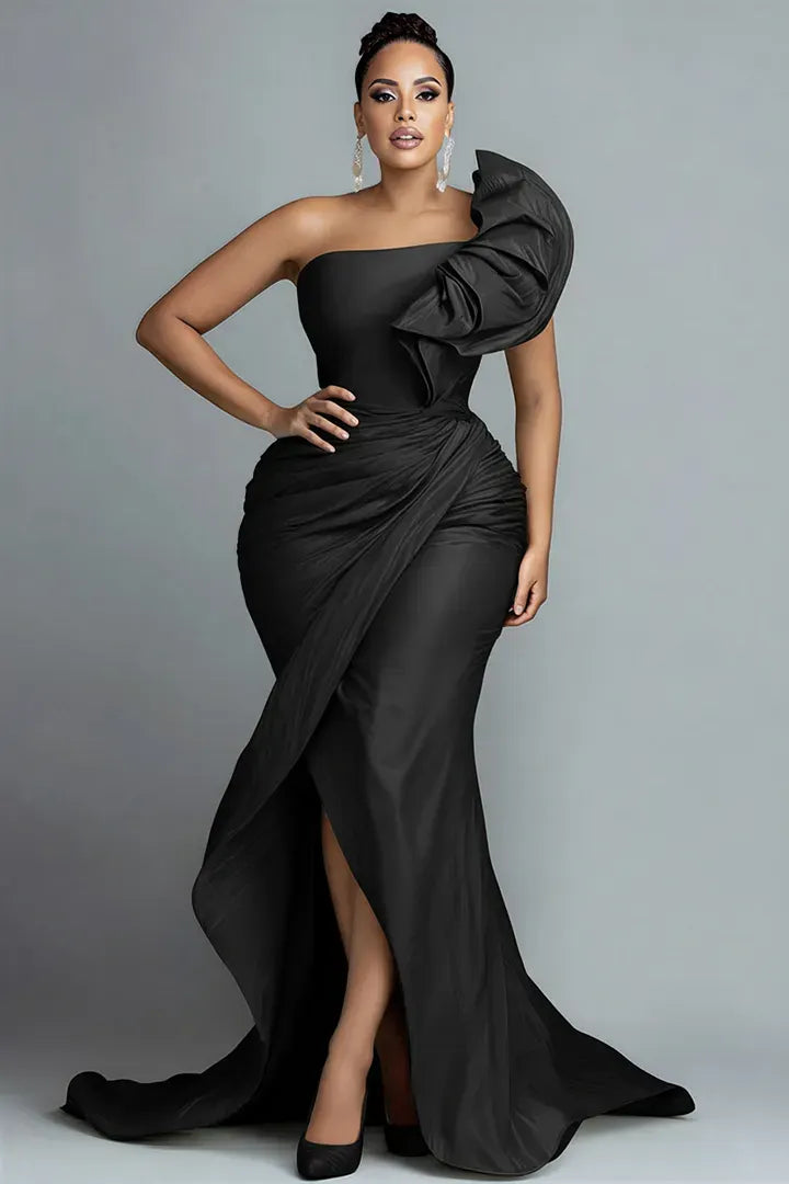 Xpluswear Design Plus Size Formal Sage Green Asymmetrical Collar One Shoulder Asymmetric Hem Irregular Hem Ruffle Satin Maxi Dresses