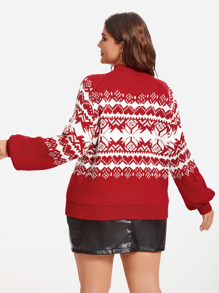 Christmas Pattern Mock Neck Raglan Sleeve Sweater
