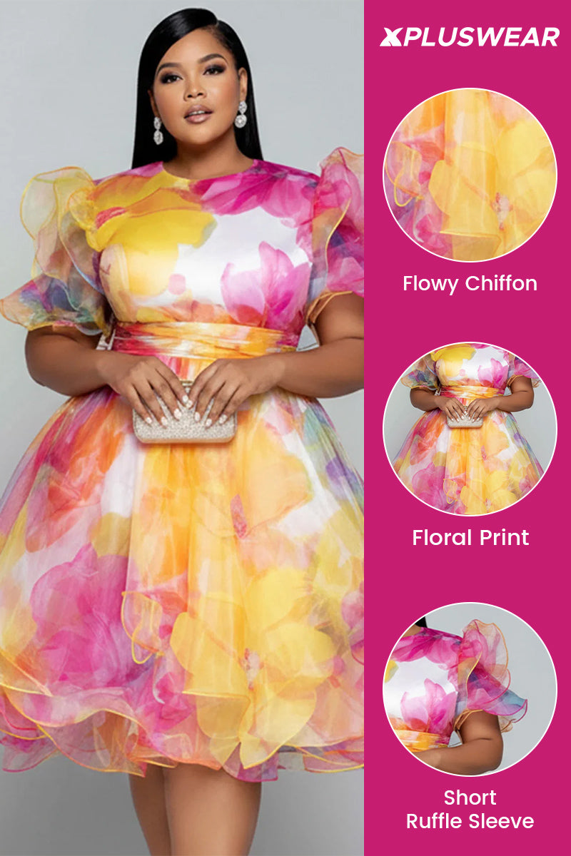 Xpluswear Design Plus Size Party Multicolor Floral Round Neck Short Sleeve Ruffle See Through Chiffon Mini Dresses