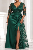 Xpluswear Design Plus Size Formal Satin Emerald Green V Neck 3/4 Sleeve Split Contrast Lace Maxi Dresses