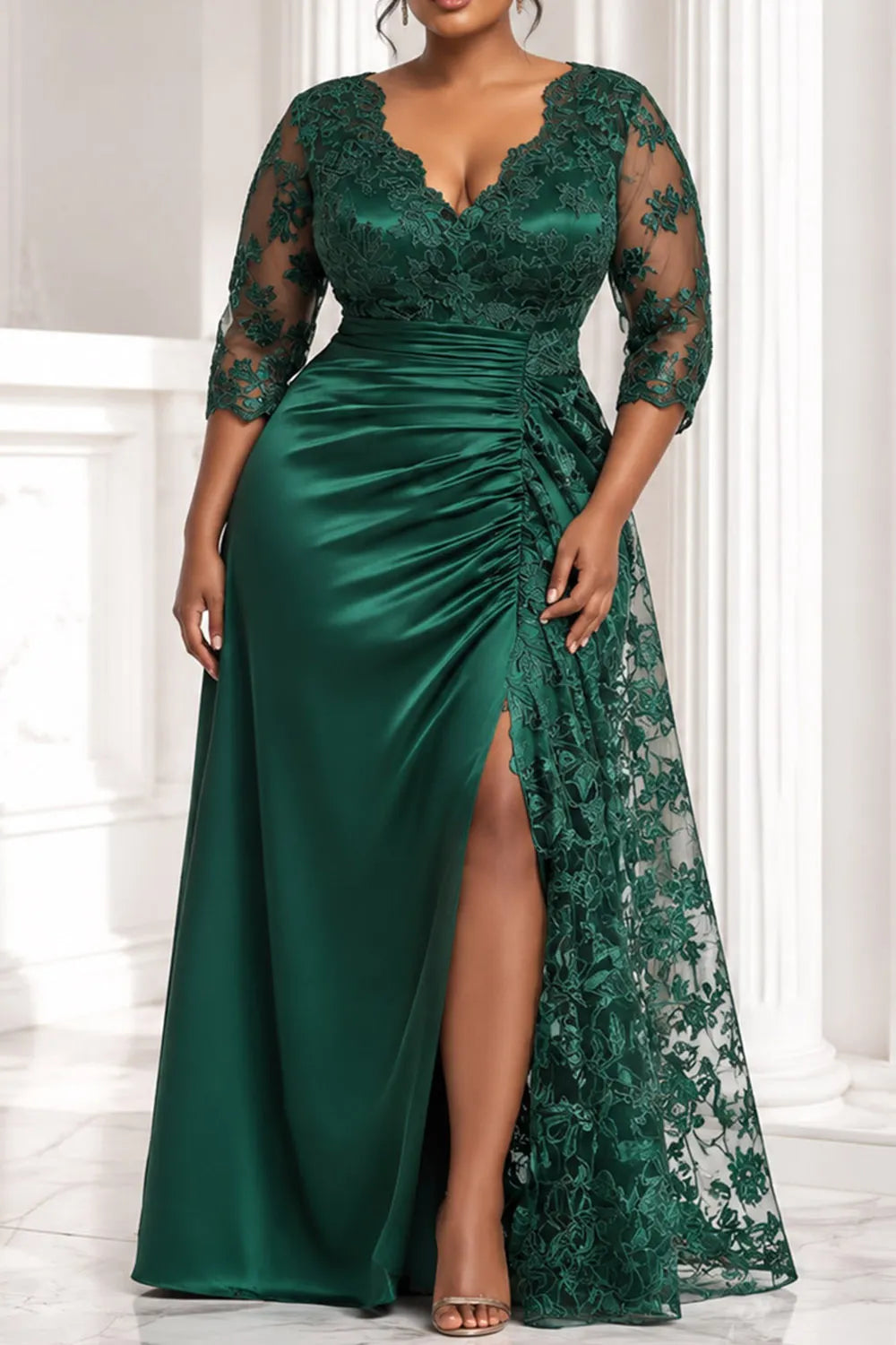 Xpluswear Design Plus Size Formal Satin Emerald Green V Neck 3/4 Sleeve Split Contrast Lace Maxi Dresses