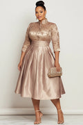 Xpluswear Design Plus Size Churchs Champagne Stand-Up Collar 3/4 Sleeve Pocket Elegant Contrast Satin Midi Dresses