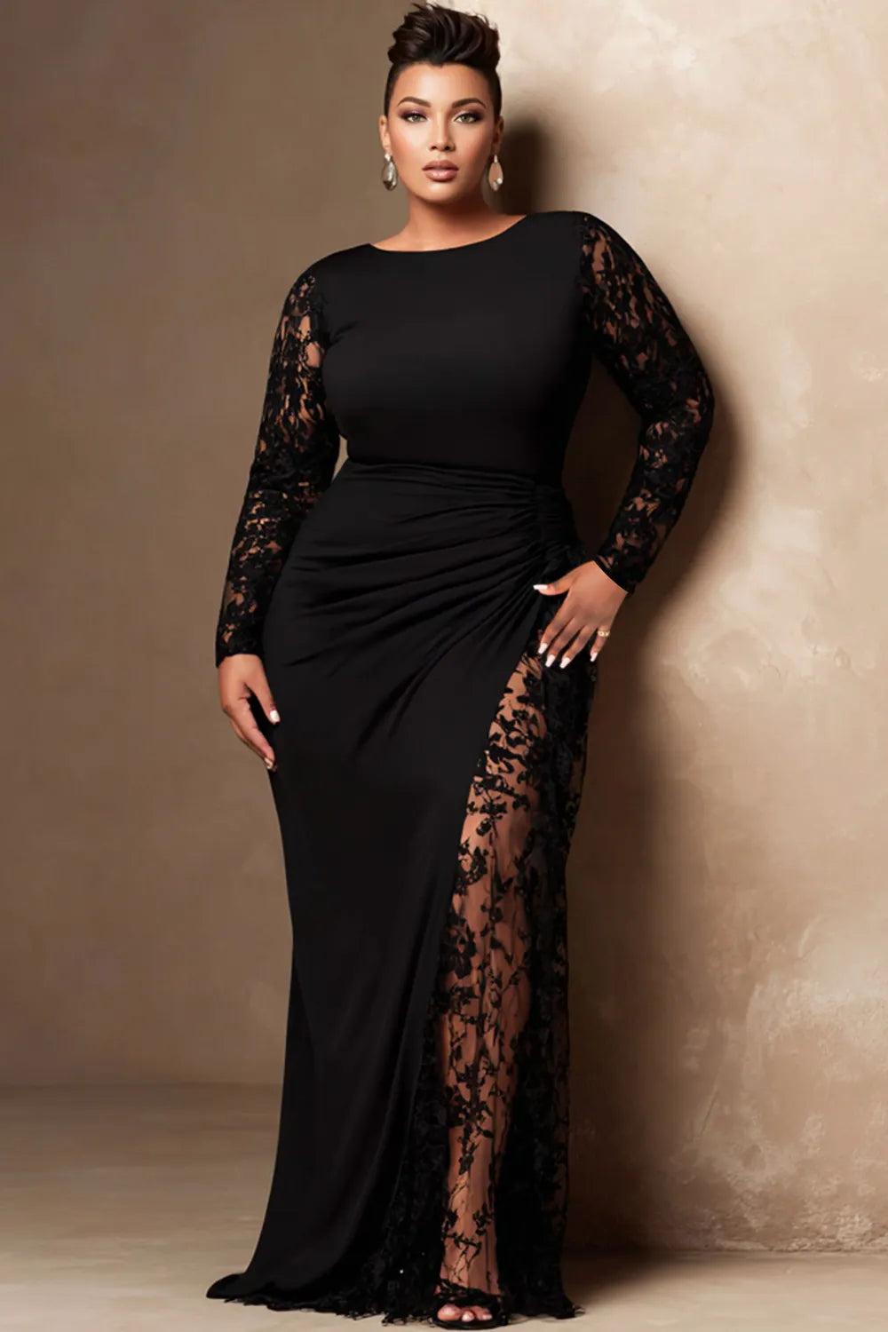Xpluswear Design Plus Size Formal Black Round Neck Long Sleeve Contrast See Through Lace Maxi Dresses
