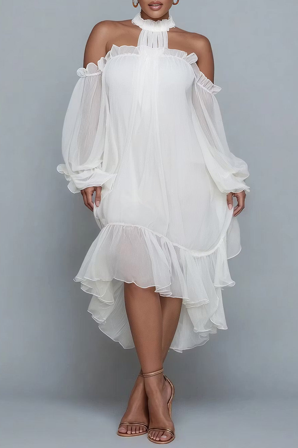 Xpluswear Design Plus Size Birthday Black Halter Collar Cold Shoulder Long Sleeve Ruffle Asymmetric Hem Irregular Hem Chiffon Midi Dresses