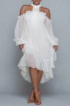 Xpluswear Design Plus Size Birthday Black Halter Collar Cold Shoulder Long Sleeve Ruffle Asymmetric Hem Irregular Hem Chiffon Midi Dresses