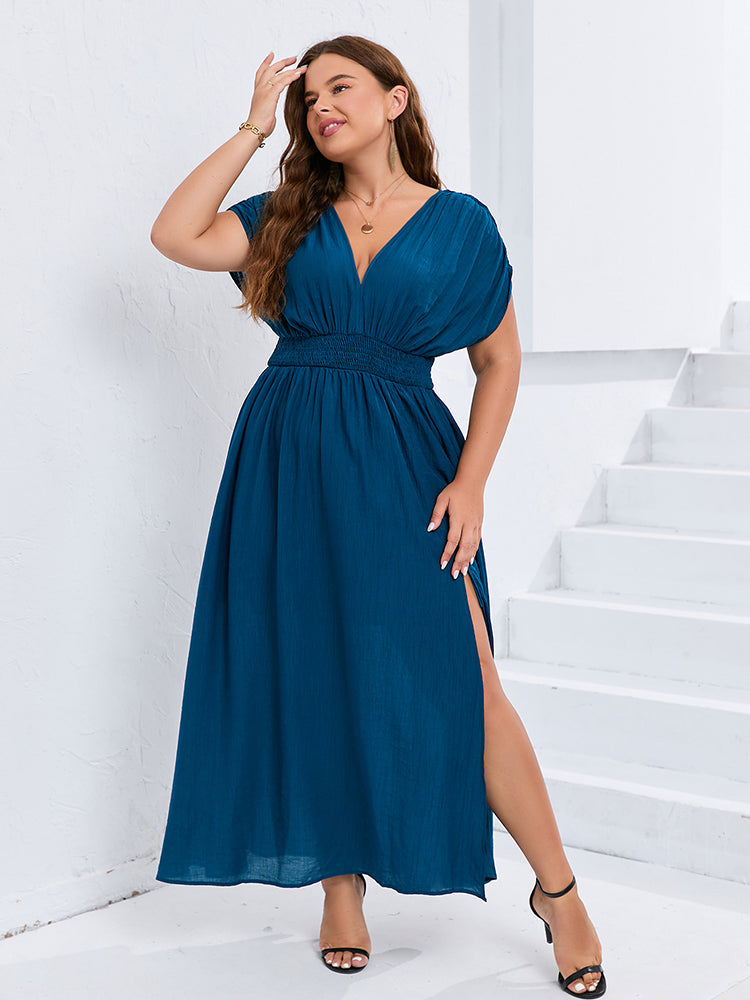 VIP V-Neck Dolman Sleeve Ruched Split Pocket Maxi Dress