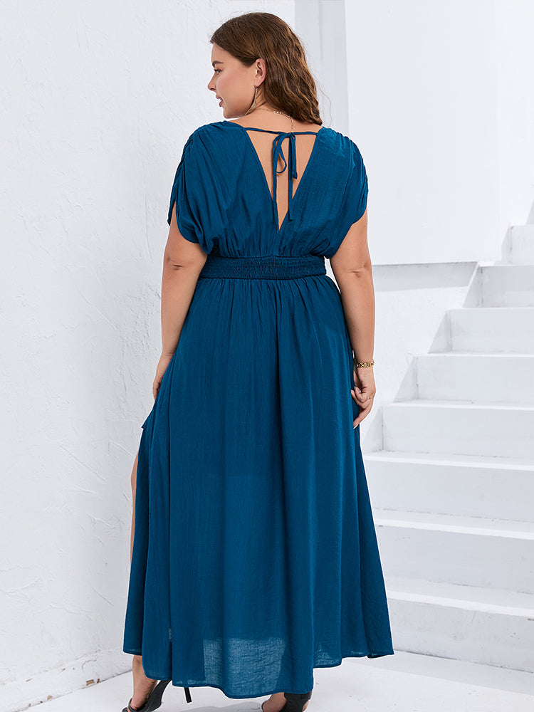 VIP V-Neck Dolman Sleeve Ruched Split Pocket Maxi Dress