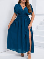 VIP V-Neck Dolman Sleeve Ruched Split Pocket Maxi Dress