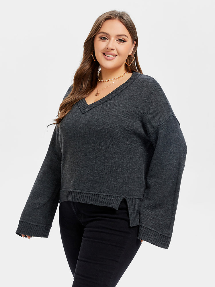 V-Neck Drop Shoulder Split Hem Sweater