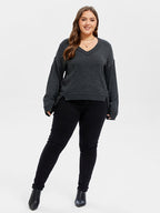 V-Neck Drop Shoulder Split Hem Sweater