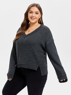 V-Neck Drop Shoulder Split Hem Sweater