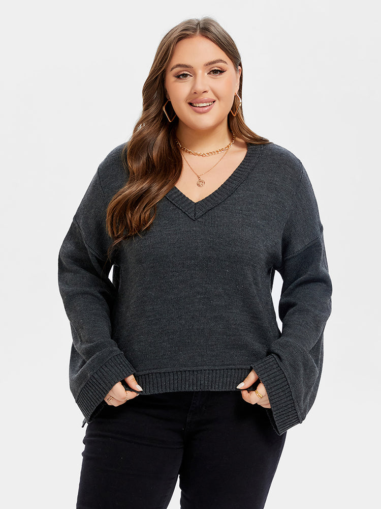 V-Neck Drop Shoulder Split Hem Sweater