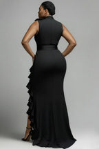 Xpluswear Design Plus Size Formal Black V Neck Split Elegant Ruffle Maxi Dresses
