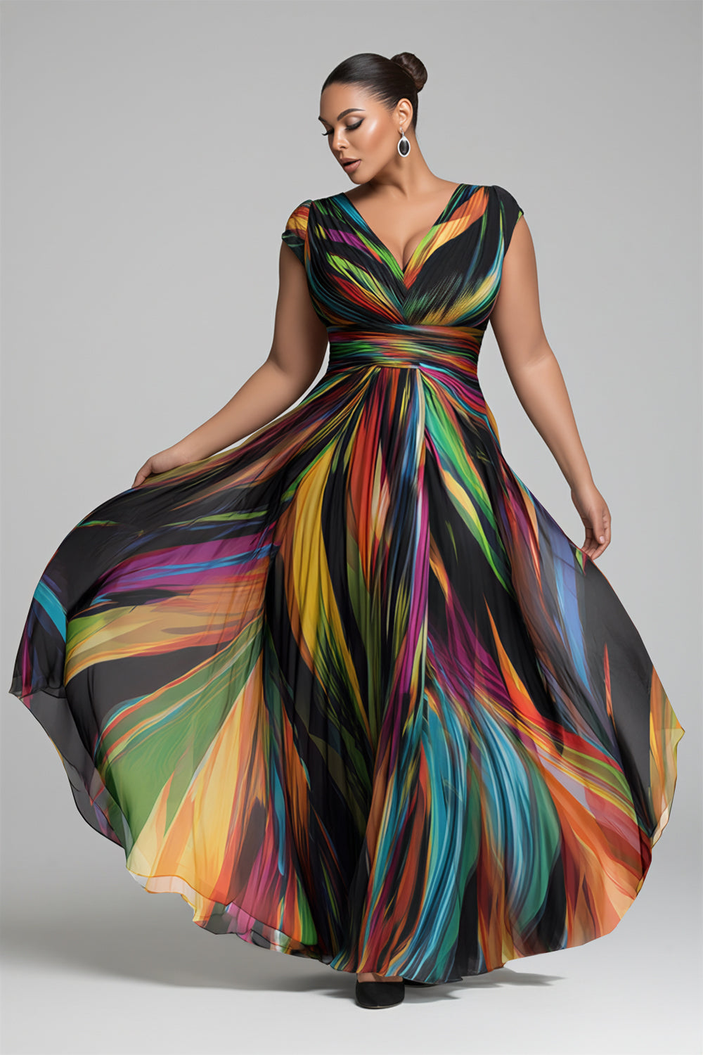 Xpluswear Design Plus Size Formal Elegant Multicolor Colorblock V Neck Short Sleeve Chiffon Maxi Dresses