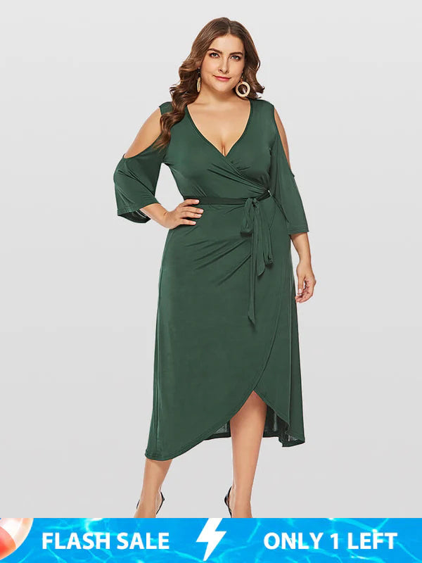 Plus Green V-Neck Cold Shoulder Wrap Ditsy Midi Dress
