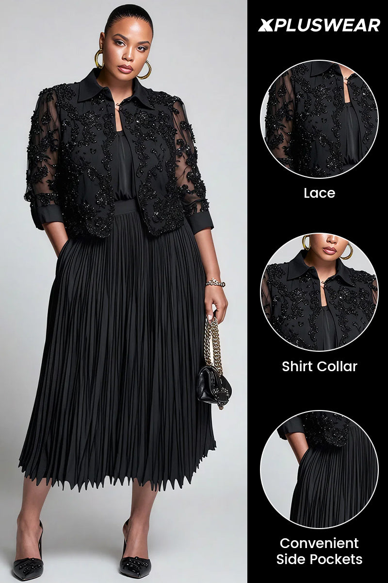 Xpluswear Design Plus Size Churchs Black Shirt Collar 3/4 Sleeve Pleated Elegant Pocket Lace Two Piece Skirt Sets