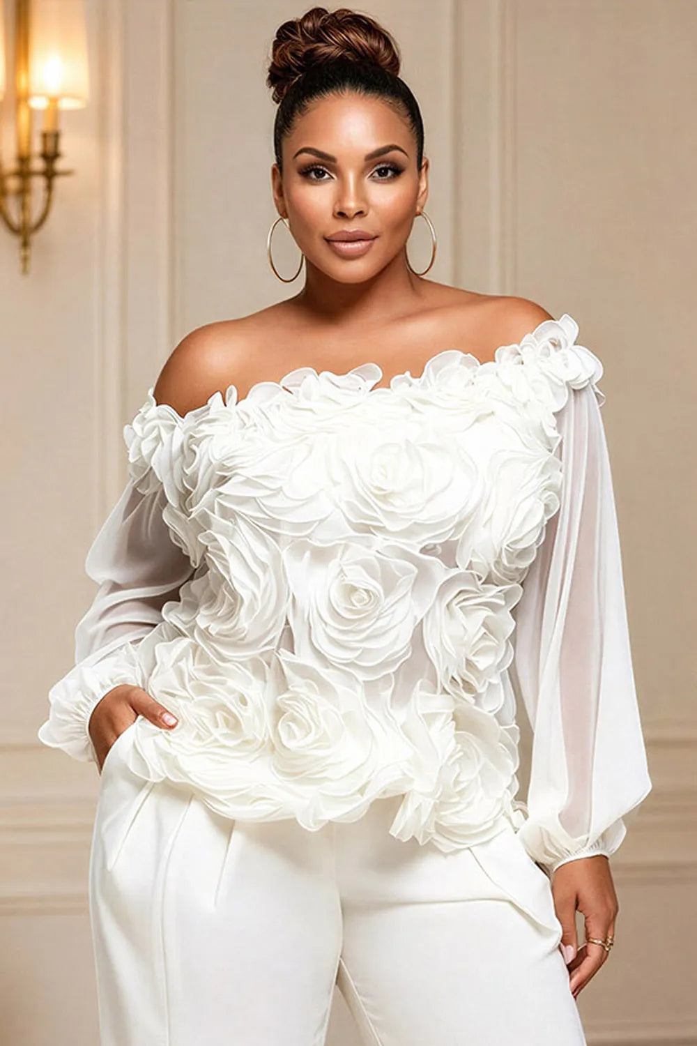 Xpluswear Design Plus Size Business Casual White Off The Shoulder Lantern Sleeve Long Sleeve 3D See Through Chiffon Blouses