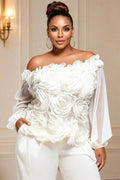 Xpluswear Design Plus Size Business Casual White Off The Shoulder Lantern Sleeve Long Sleeve 3D See Through Chiffon Blouses