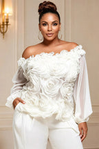 Xpluswear Design Plus Size Business Casual White Off The Shoulder Lantern Sleeve Long Sleeve 3D See Through Chiffon Blouses