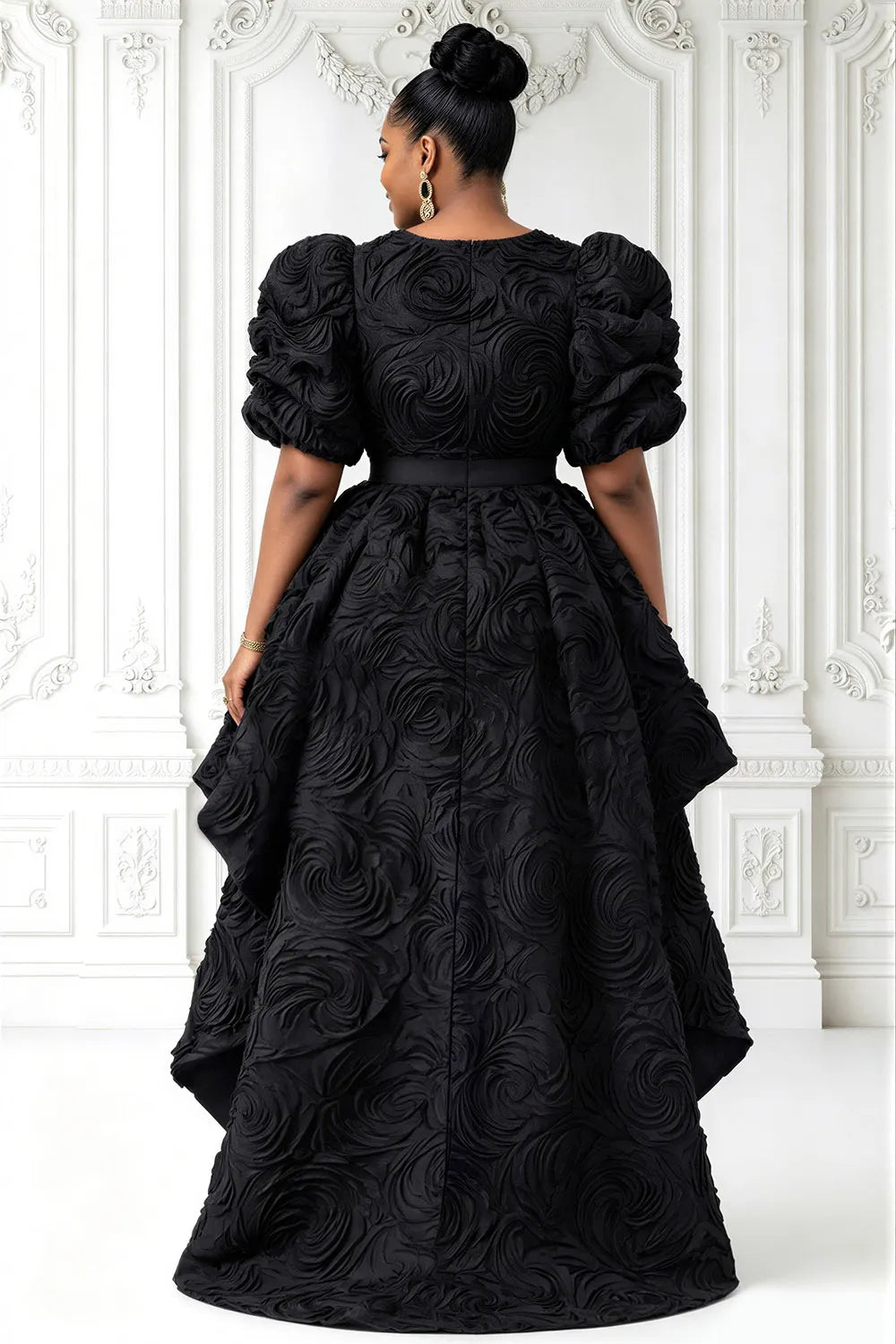 Xpluswear Design Plus Size Jacquard Formal Black Round Neck Puff Sleeve Short Sleeve With Skirt Overlay Midi Dresses