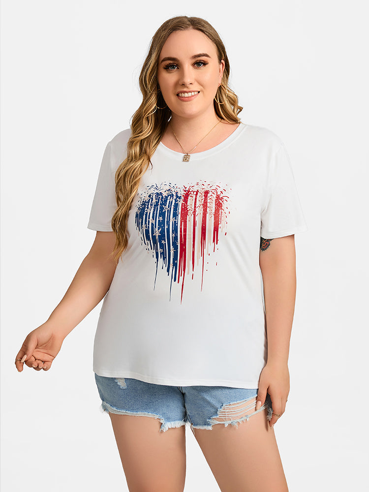 Plus White Heart Print Round Neck Graphic Tee