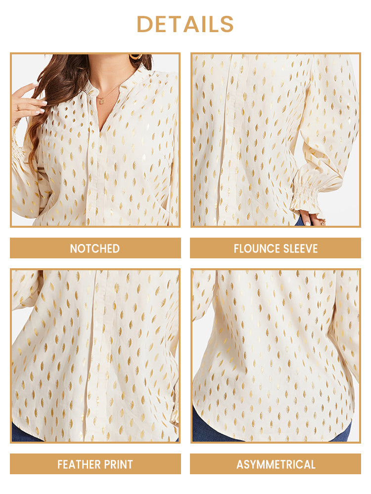 Feather Print Flounce Sleeve Blouse