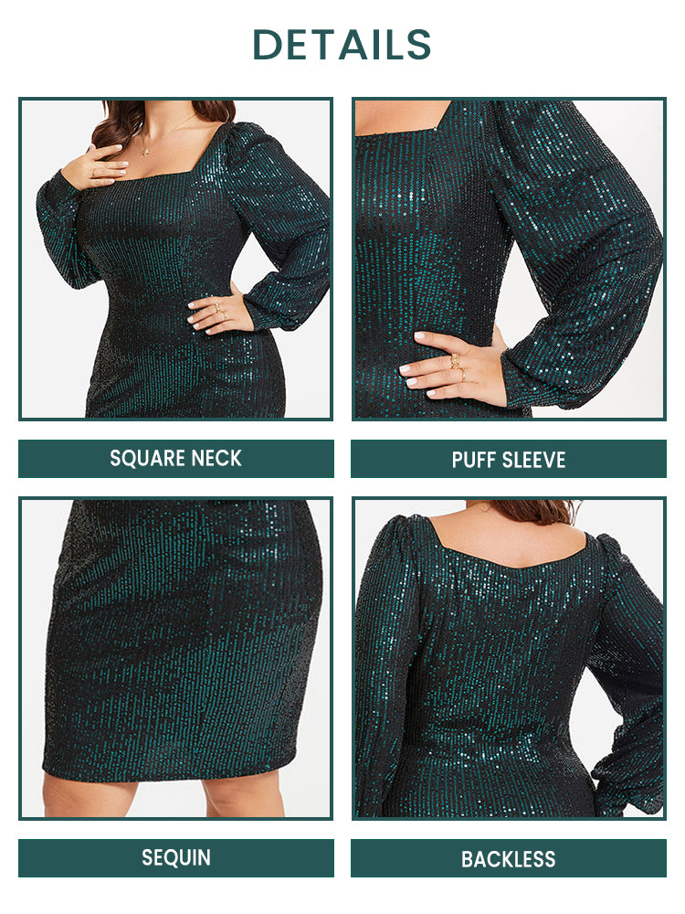 Square Neck Puff Sleeve Sequin Dress