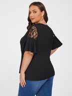 Cut Out Lace Patchwork Sleeve Tee