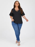 Cut Out Lace Patchwork Sleeve Tee