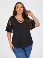 Cut Out Lace Patchwork Sleeve Tee