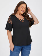 Cut Out Lace Patchwork Sleeve Tee