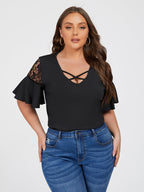 Cut Out Lace Patchwork Sleeve Tee