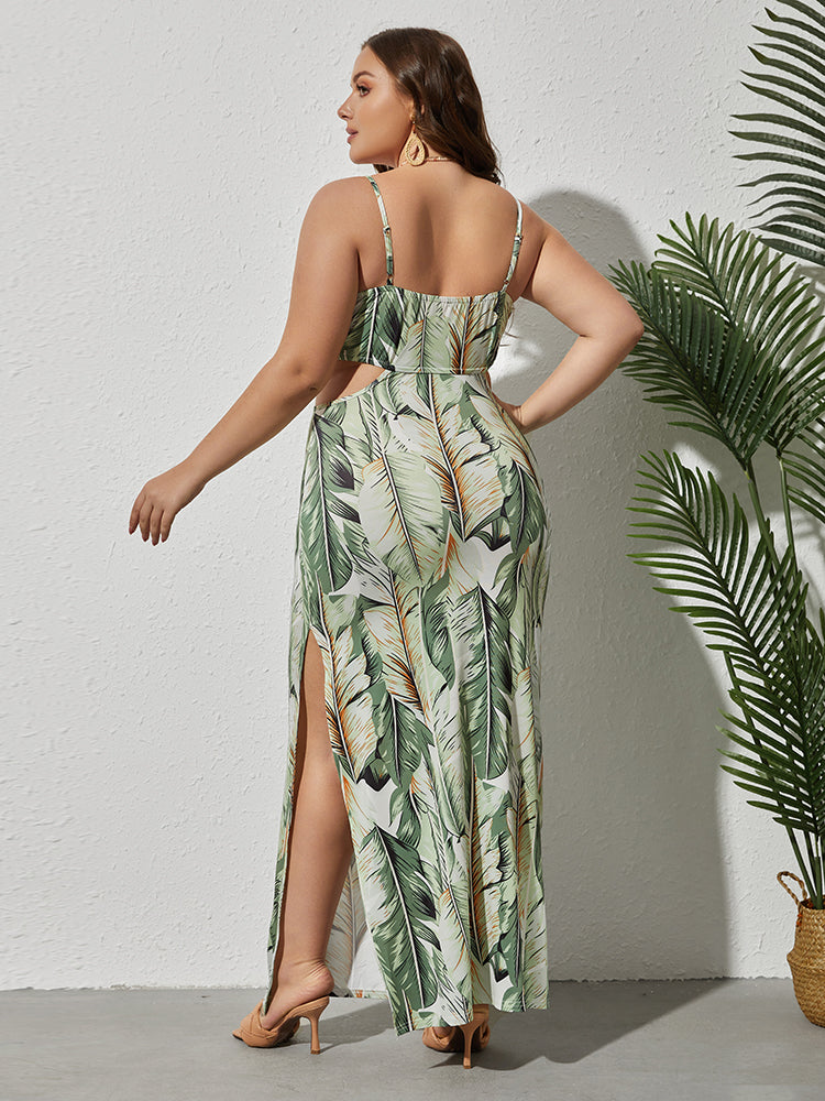 VIP Plus Green Tropical Print Cut Out Tie Front Maxi Dress