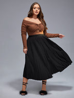 Plus Black Elastic Waist Pleated Skirt