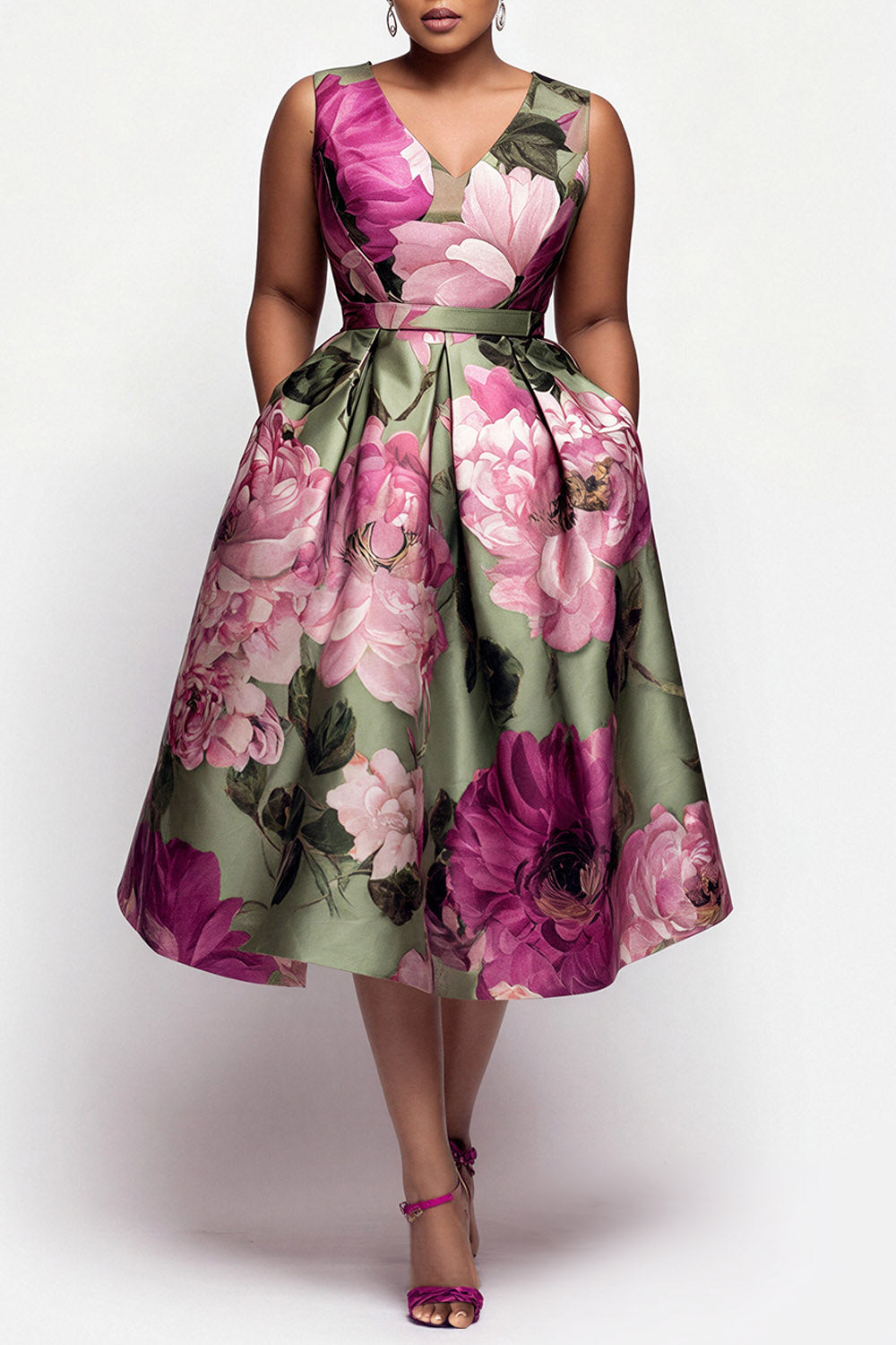 Xpluswear Design Plus Size Cocktail Party Multicolor Floral V Neck Pocket Satin Midi Dresses