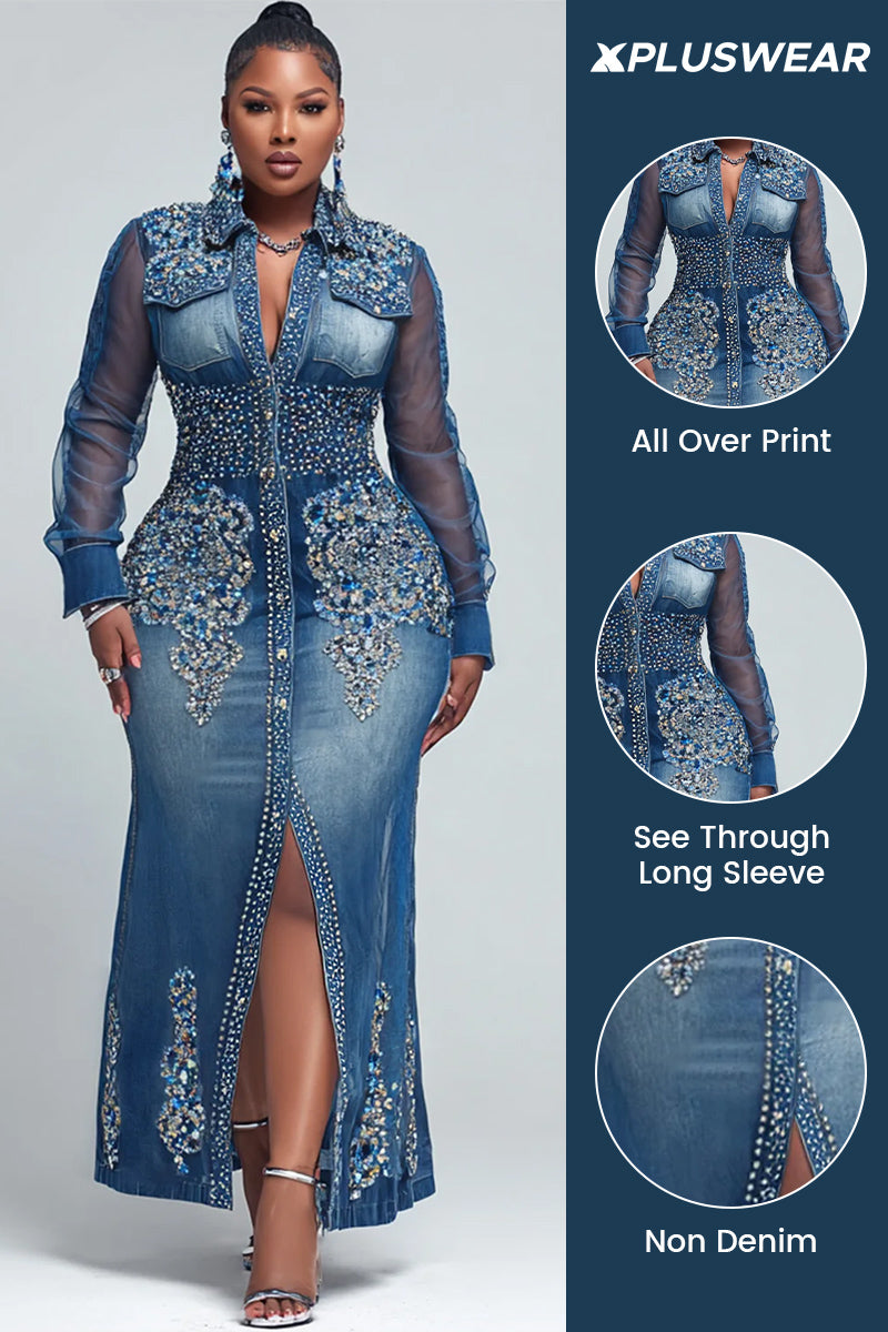 Xpluswear Design Plus Size Party Blue All Over Print Shirt Collar Long Sleeve Button Casual See Through Maxi Dresses
