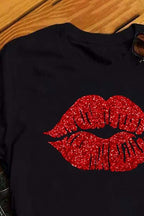 Plus Size Black Casual Lips Print Basic T-Shirts