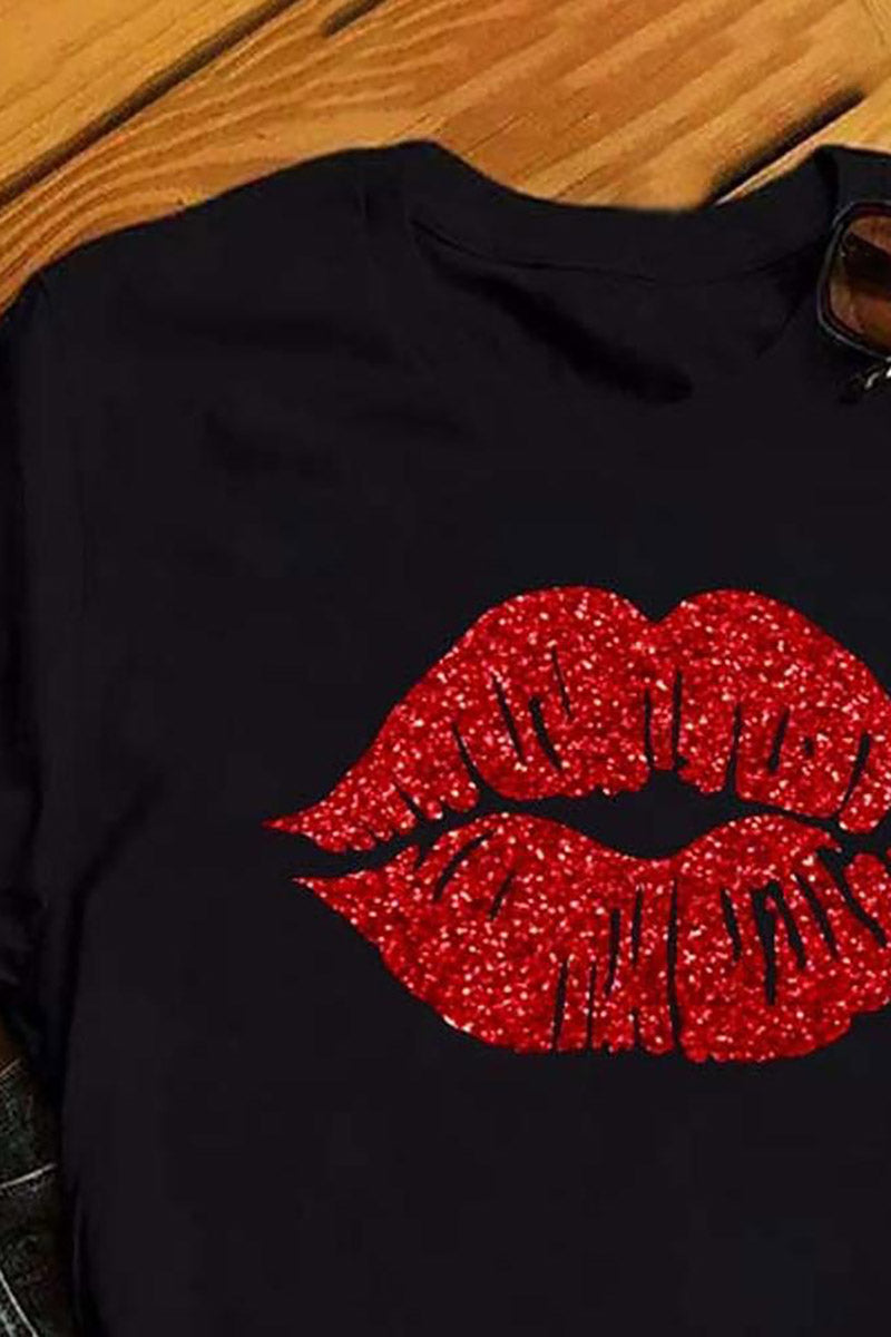 Plus Size Black Casual Lips Print Basic T-Shirts