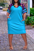 Plus Size Casual Blue V Neck Leopard Short Sleeve With Pockets Midi Dresses