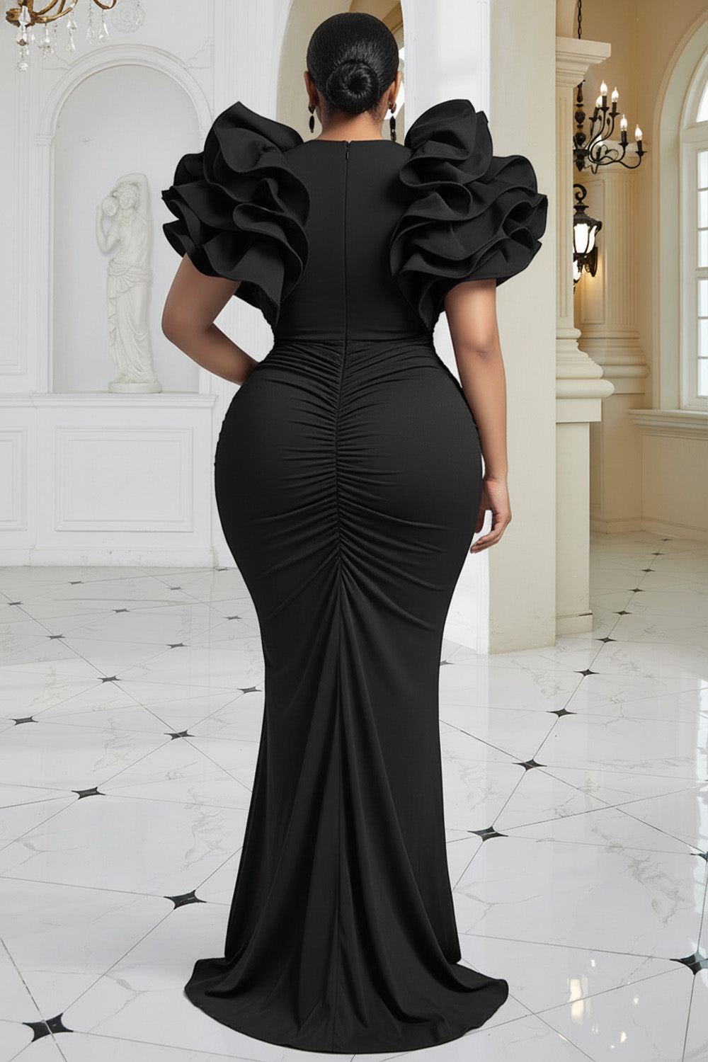 Xpluswear Design Plus Size Formal Black V Neck 3D Elegant Bodycon Maxi Dresses