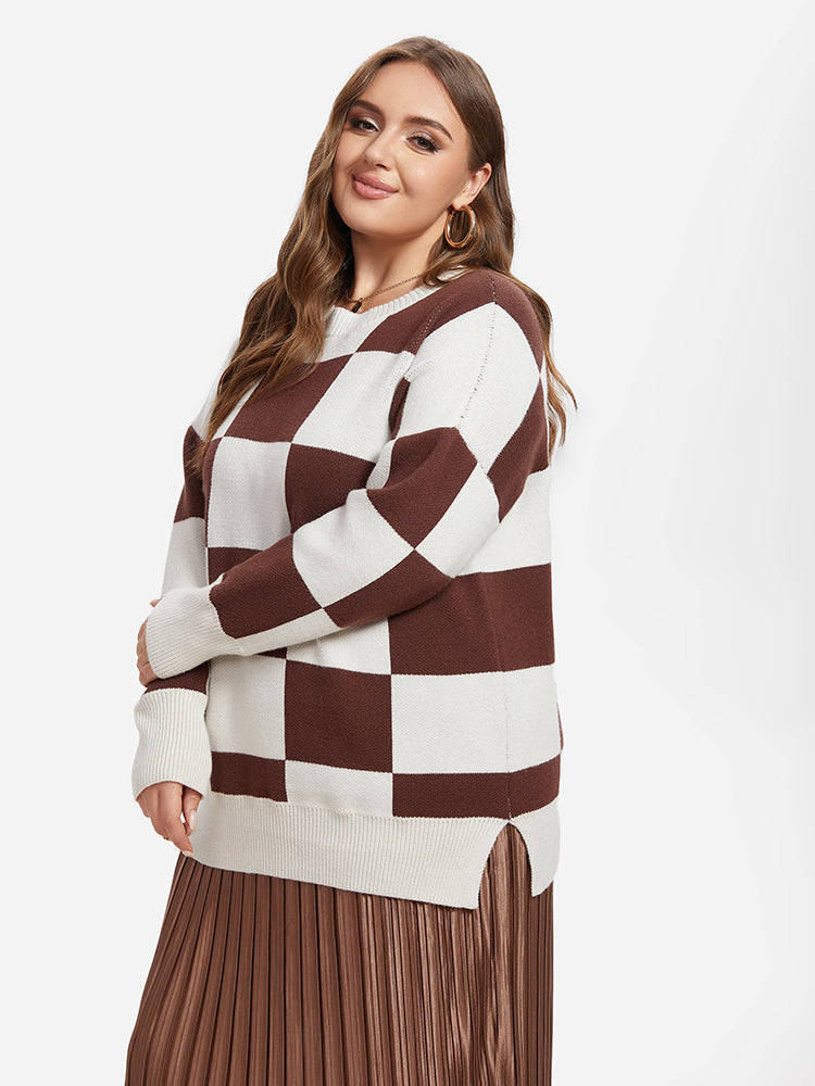 Checkered Pattern Drop Shoulder Split Hem Sweater