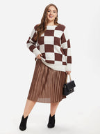 Checkered Pattern Drop Shoulder Split Hem Sweater